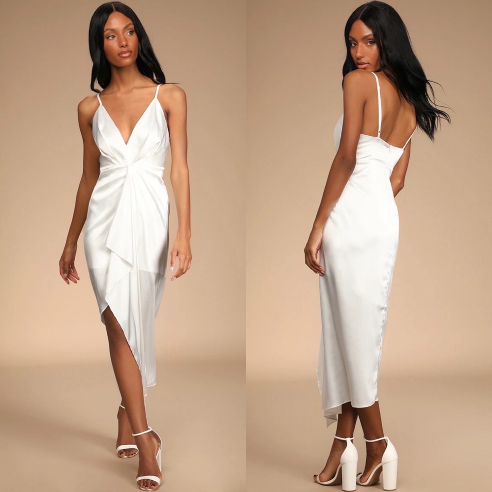 Lulus Caught Feelings White Satin Ruffled Midi Dress